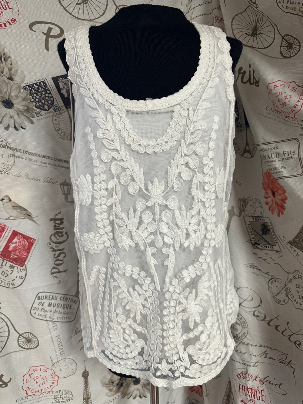 One World White Embroidered Sheer Tank Top